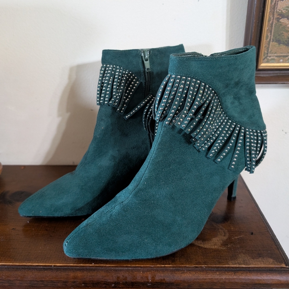 Allegra K Emerald Green Fringe Rhinestone Stiletto Ankle Boots - Size 9 Studded
